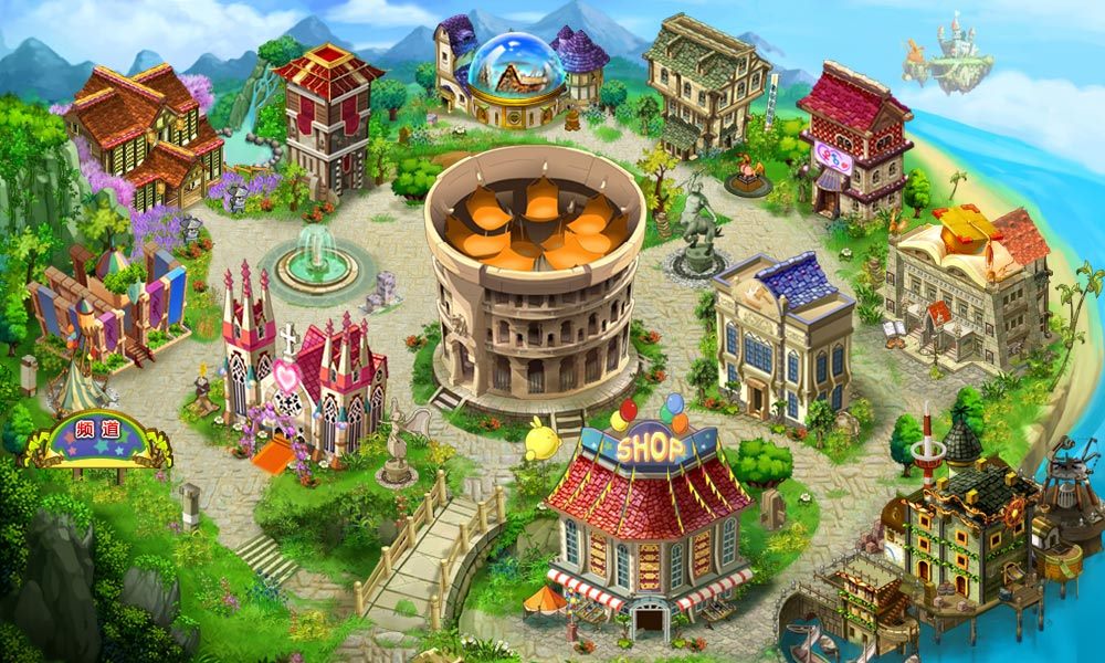 Cidade do jogo com loja, igreja, arena e outros prédios